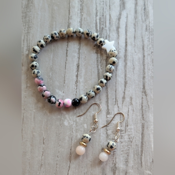 Hand Crafted Jewelry - Dalmatian Jasper and Pink Beaded Bracelet and Earrings Set